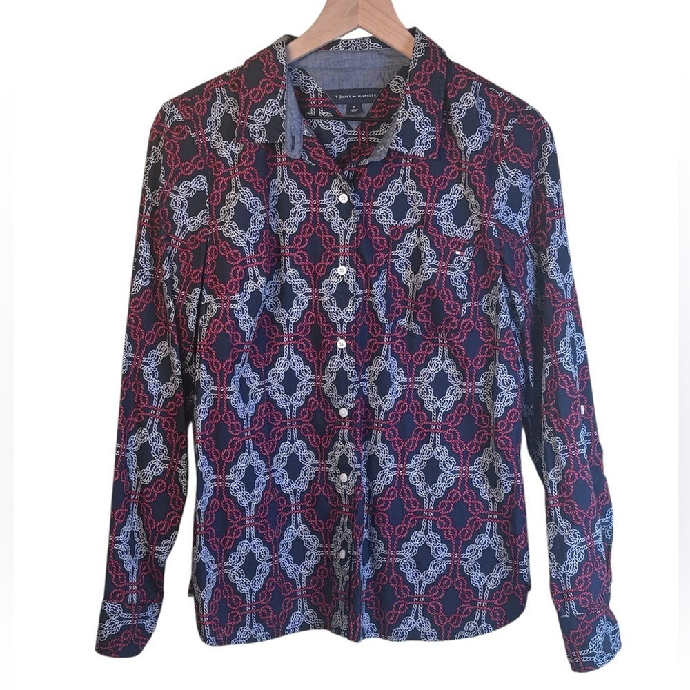 Tommy Hilfiger Red White Blue Knot Tie Patterned Button-Up Shirt Blouse Medium